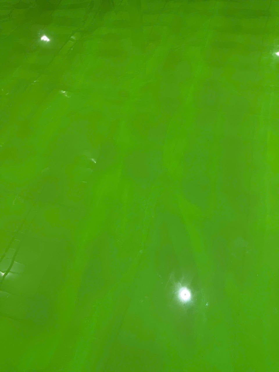 Thành bể sơn epoxy xanh lá bị loang màu chỗ đậm chỗ nhạt - lỗi loang màu do trộn sơn không đều